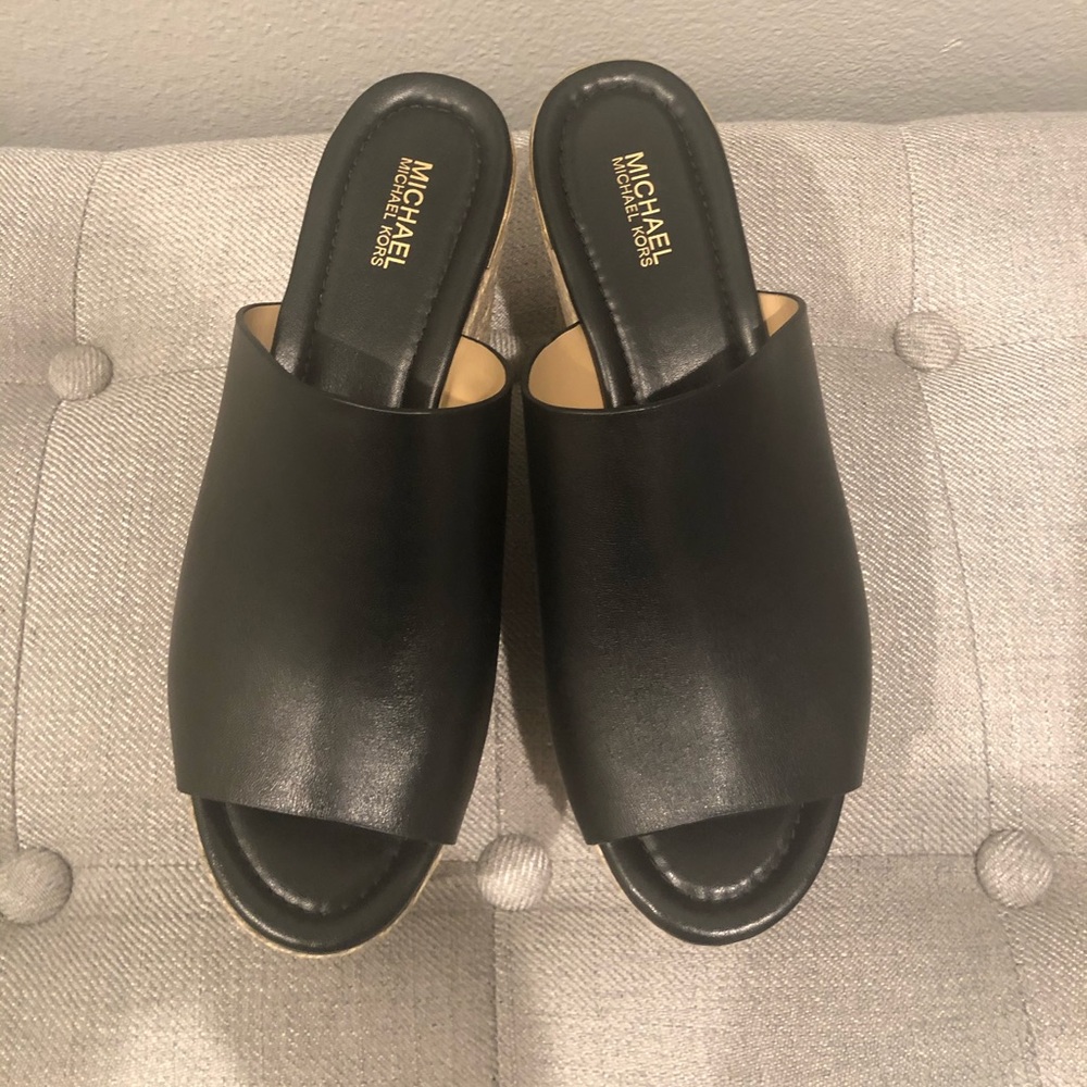 Michael Kors Cunningham Black Leather Wedge Sandal